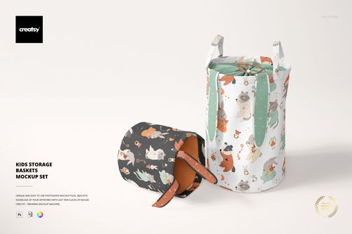 Front view of two kids storage baskets mockup featuring playful animal designs and soft fabric handles.
