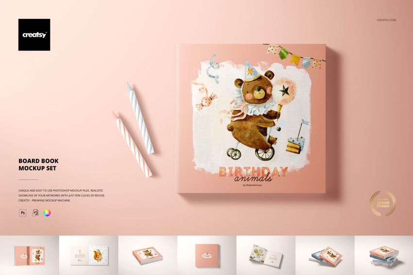 Front-facing board book mockup featuring a cute bear illustration and festive birthday elements, set against a pastel backdrop.