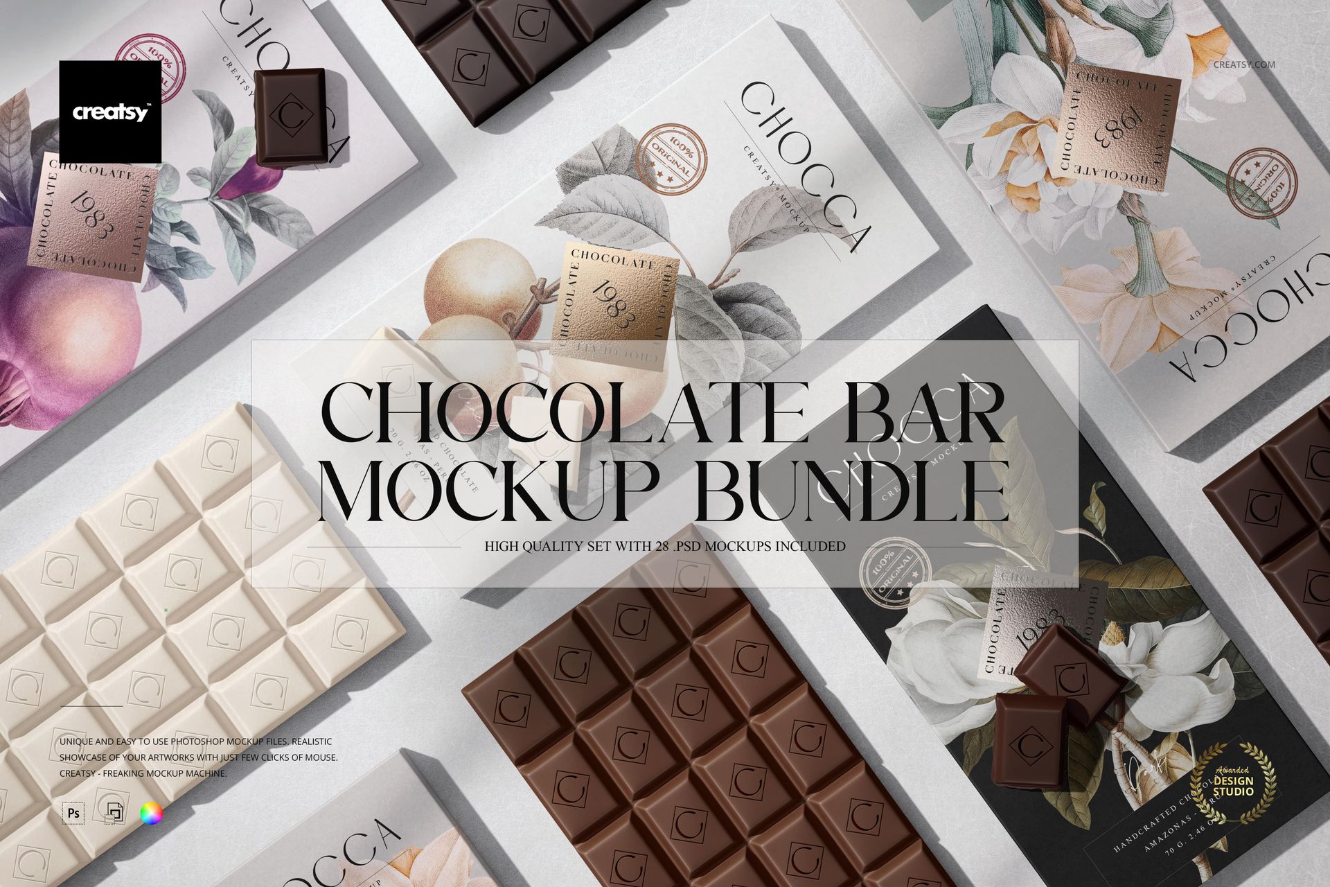 Assorted chocolate bar packaging mockups displayed from a top view, featuring various wrapper designs and colors.