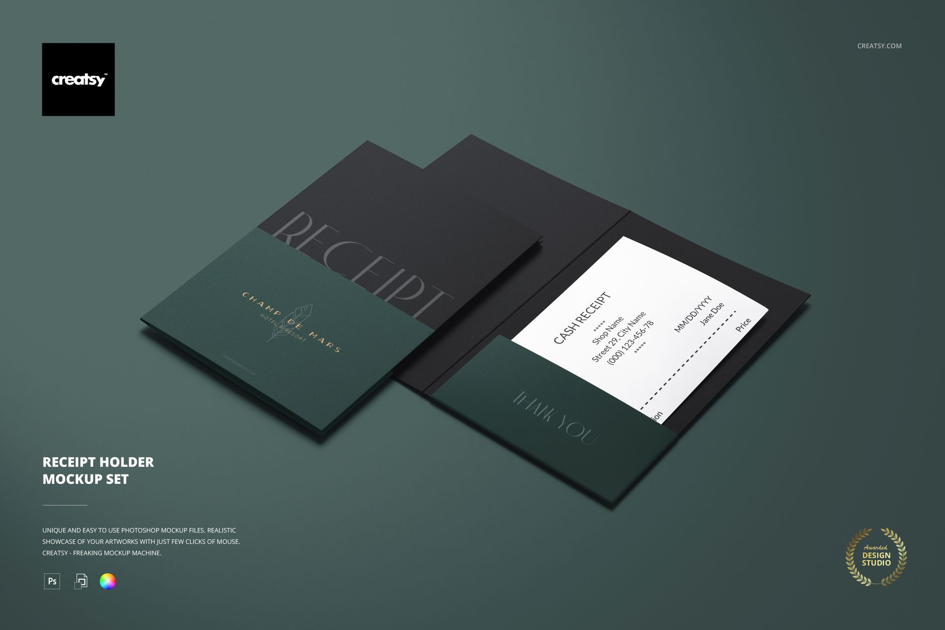 Receipt holder mockup set featuring two dark holders, one open showing a white receipt, on a green surface.