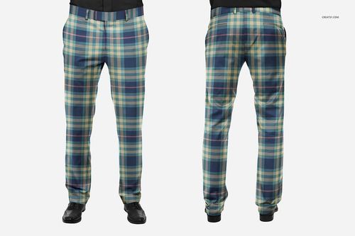 Mockup of elegant plaid trousers shown from the front and back, featuring side pockets and black shoes.