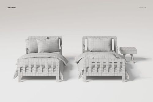 Front view of two kids beds with bedding and pillows, shown in a wireframe style on a plain white background.