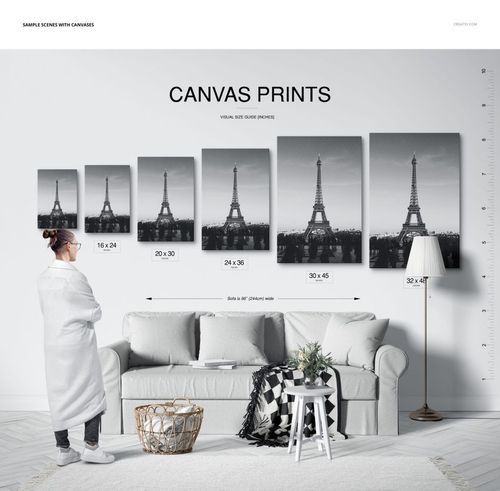 Canvas print size comparison mockup showing six grayscale Eiffel Tower prints arranged on a wall in a modern interior.