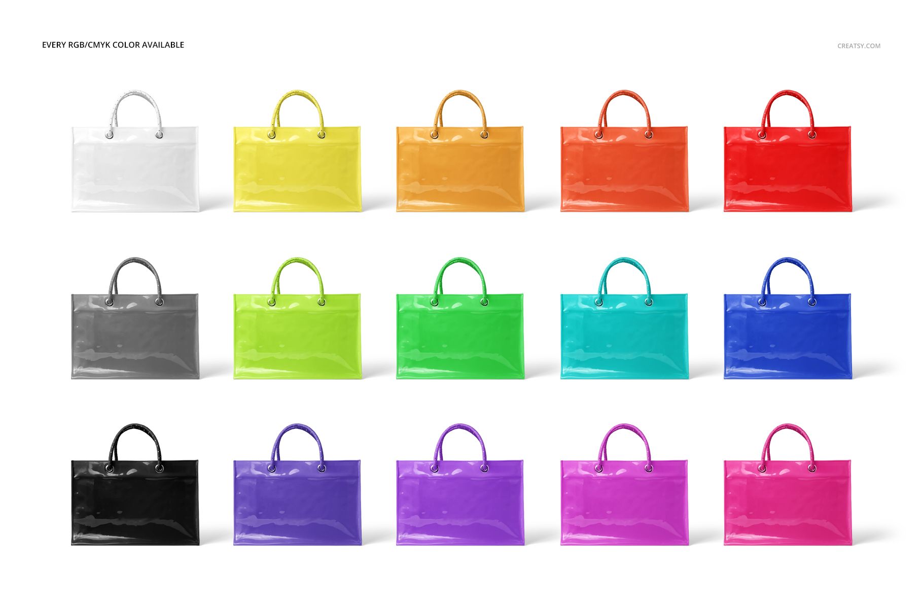 PSD mockup showing multiple vinyl PVC reusable tote bags in assorted colors, neatly organized against a plain backdrop.