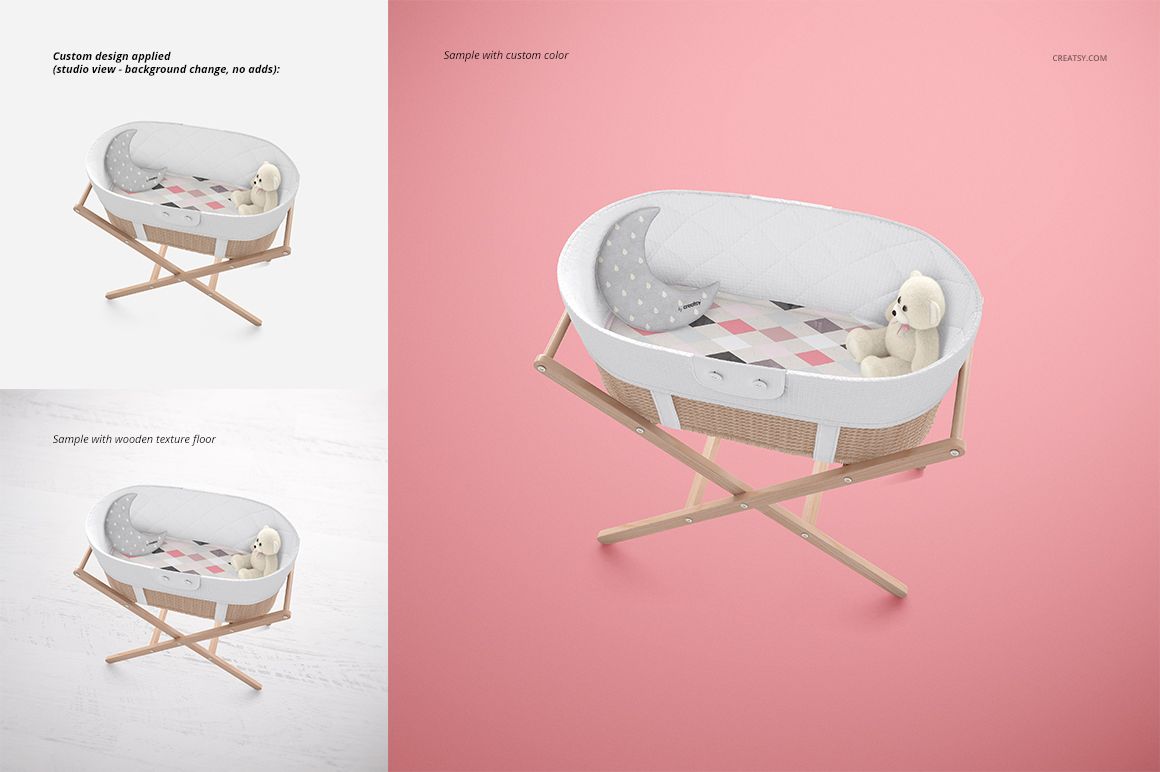 Bassinet liner mockup featuring a white quilted liner in an oval bassinet with wooden legs, shown from an angled view.