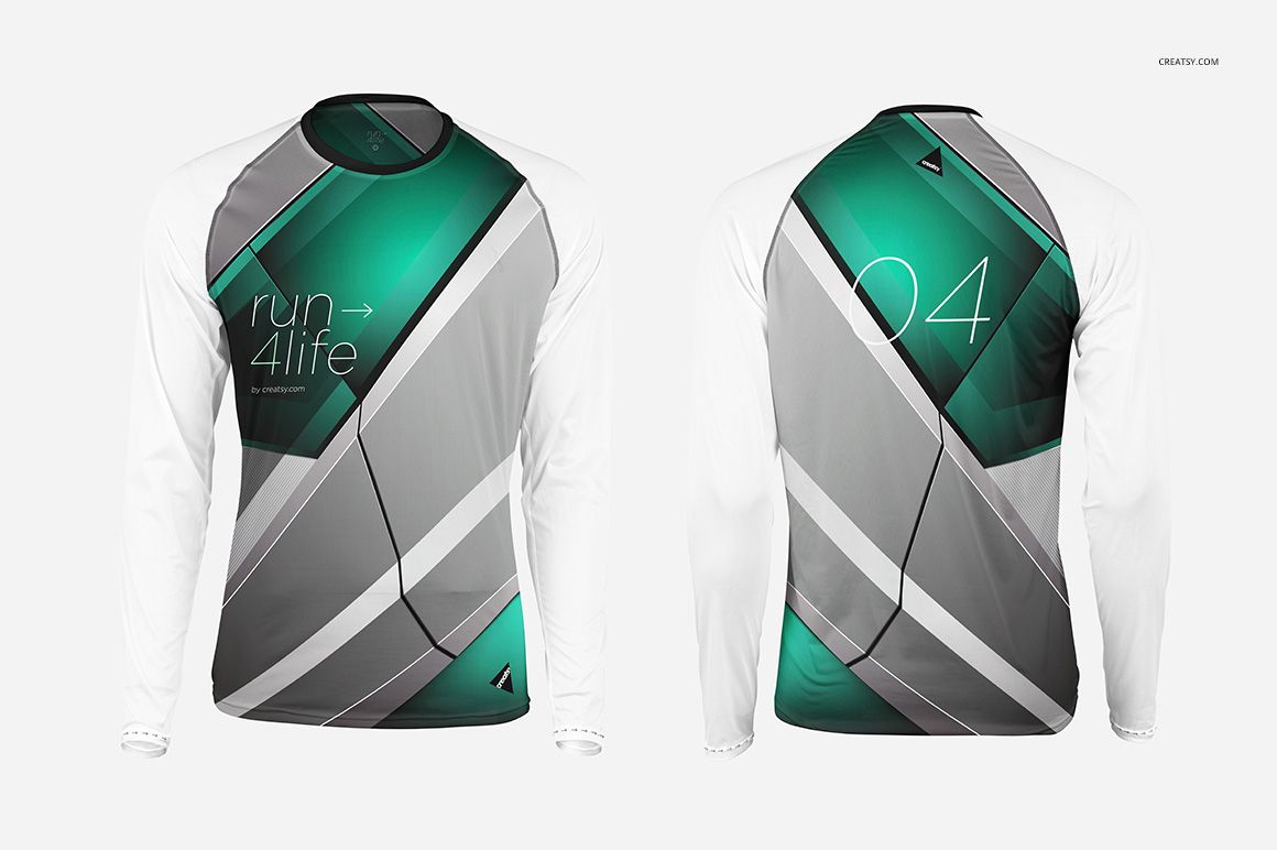 Front and back view of a performance longsleeve shirt mockup with geometric teal, gray, and white patterns.