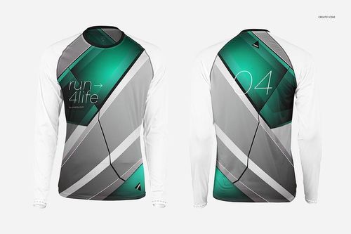 Front and back view of a performance longsleeve shirt mockup with geometric teal, gray, and white patterns.
