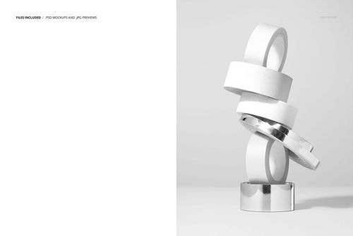 Stacked uneven rolls of white and metallic tape arranged in a pile on a plain surface, front view, packaging mockup.