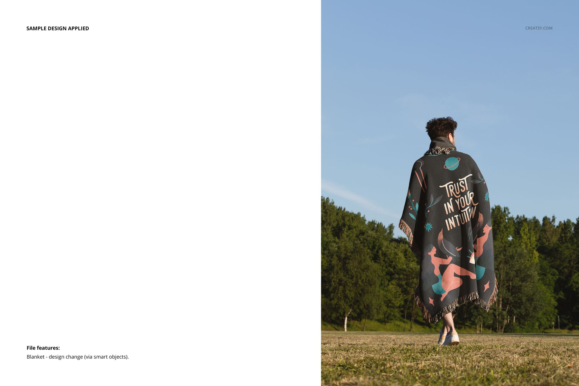 Jacquard fringed woven blanket mockup featuring a person outdoors, displaying colorful abstract shapes and lettering.