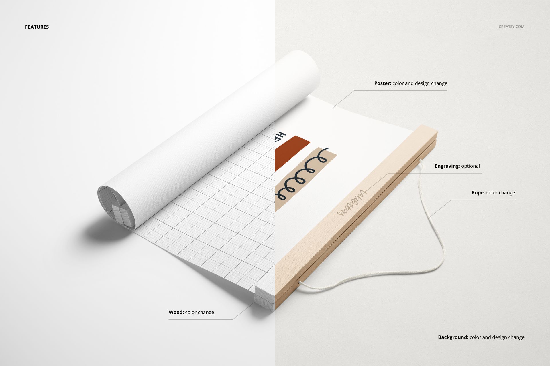 Wooden poster hanger mockup displaying an A3 print, with rope and engraved wood, split layout on neutral surface.