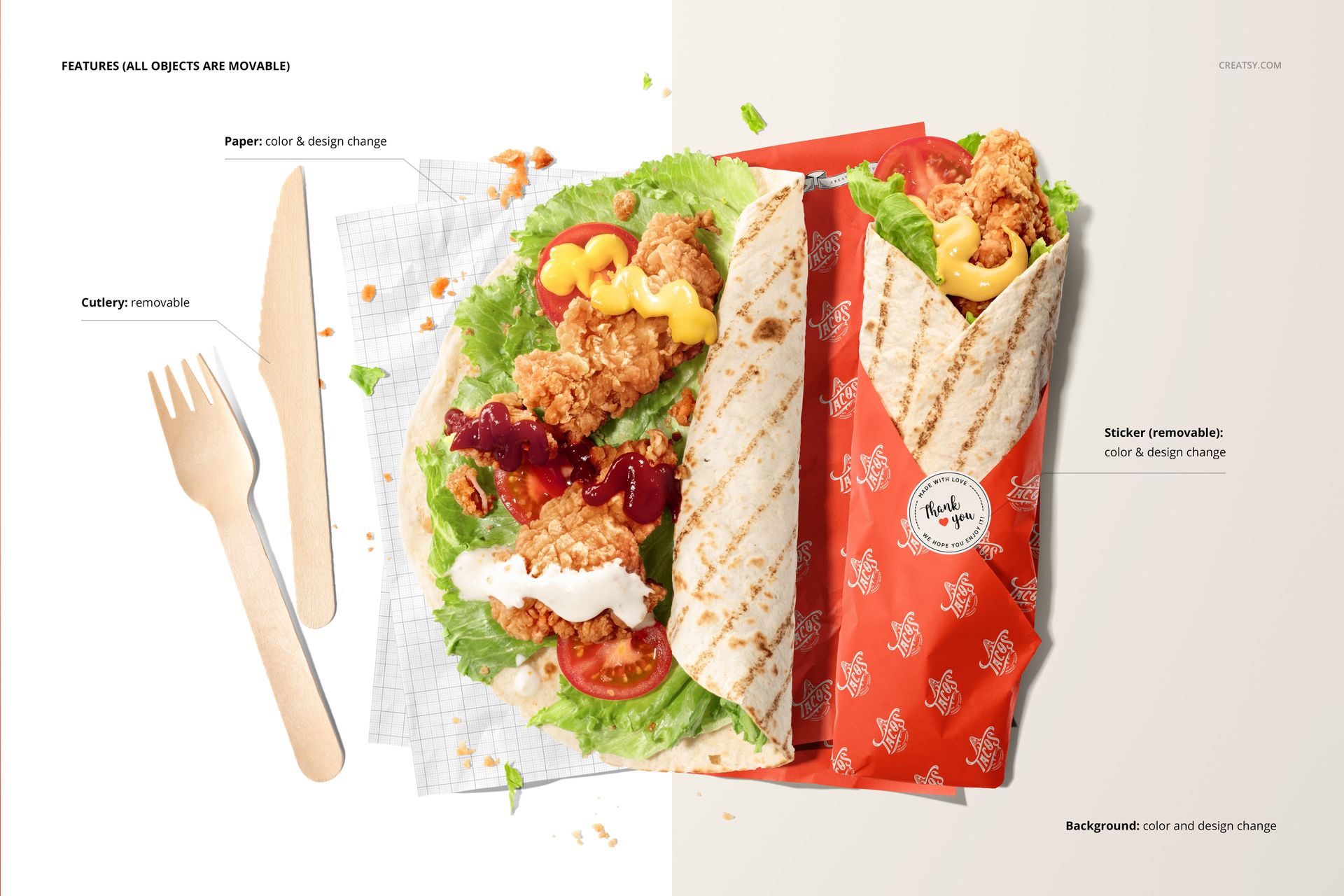Mockup scene showing a tortilla partially wrapped in printed food safe paper, surrounded by lettuce, fried chicken, and wooden utensils.