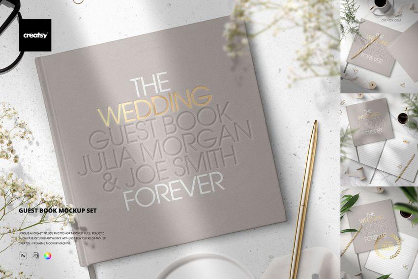 Wedding guest book PSD mockup featuring a taupe hardcover with metallic lettering, displayed on a light surface with flowers.