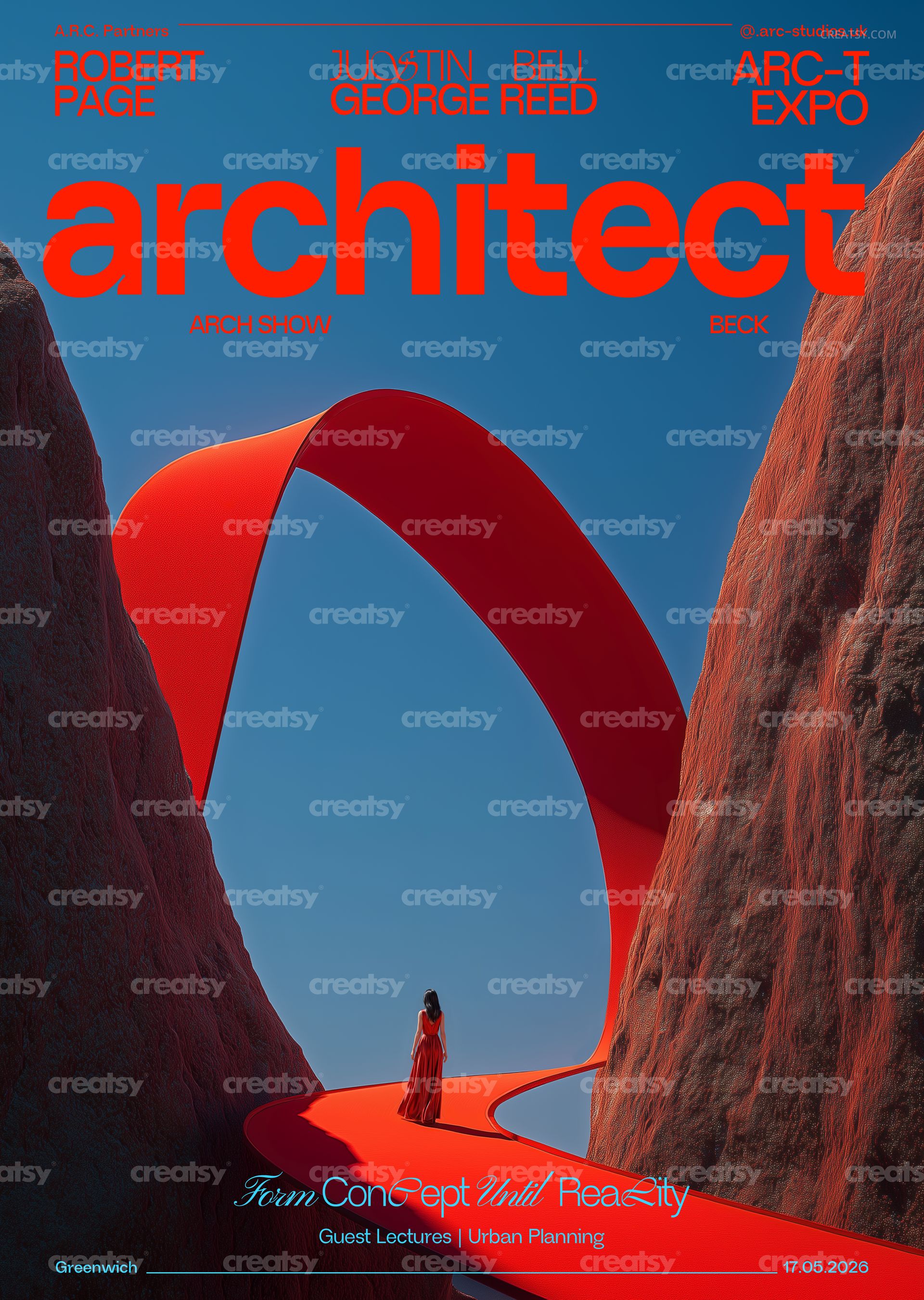 Front view of a poster mockup featuring a bright orange ribbon-like path looping through rocky terrain with a single figure.