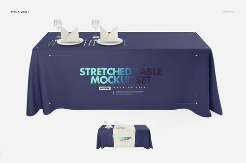 Front view of a mockup tablecloth in deep blue, displayed on a table with dining utensils, glasses, and napkins.