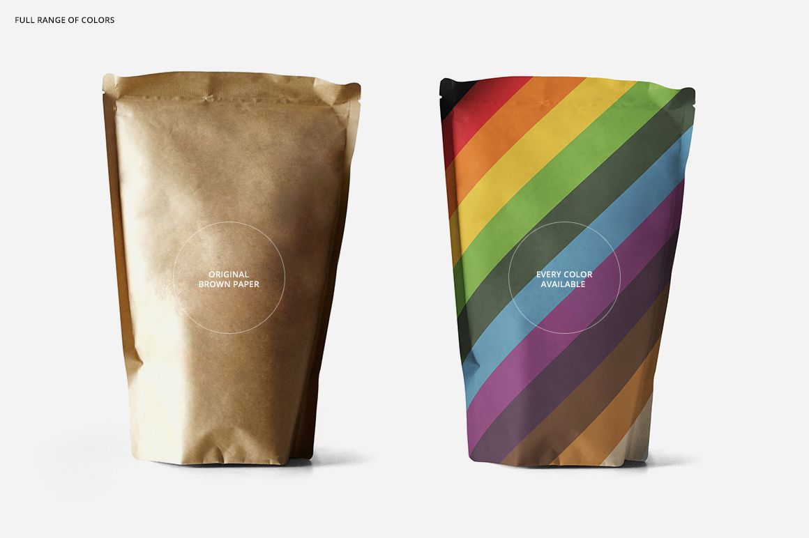 Packaging mockup with a brown paper bag and a rainbow-striped bag, both standing on a clean, neutral surface.