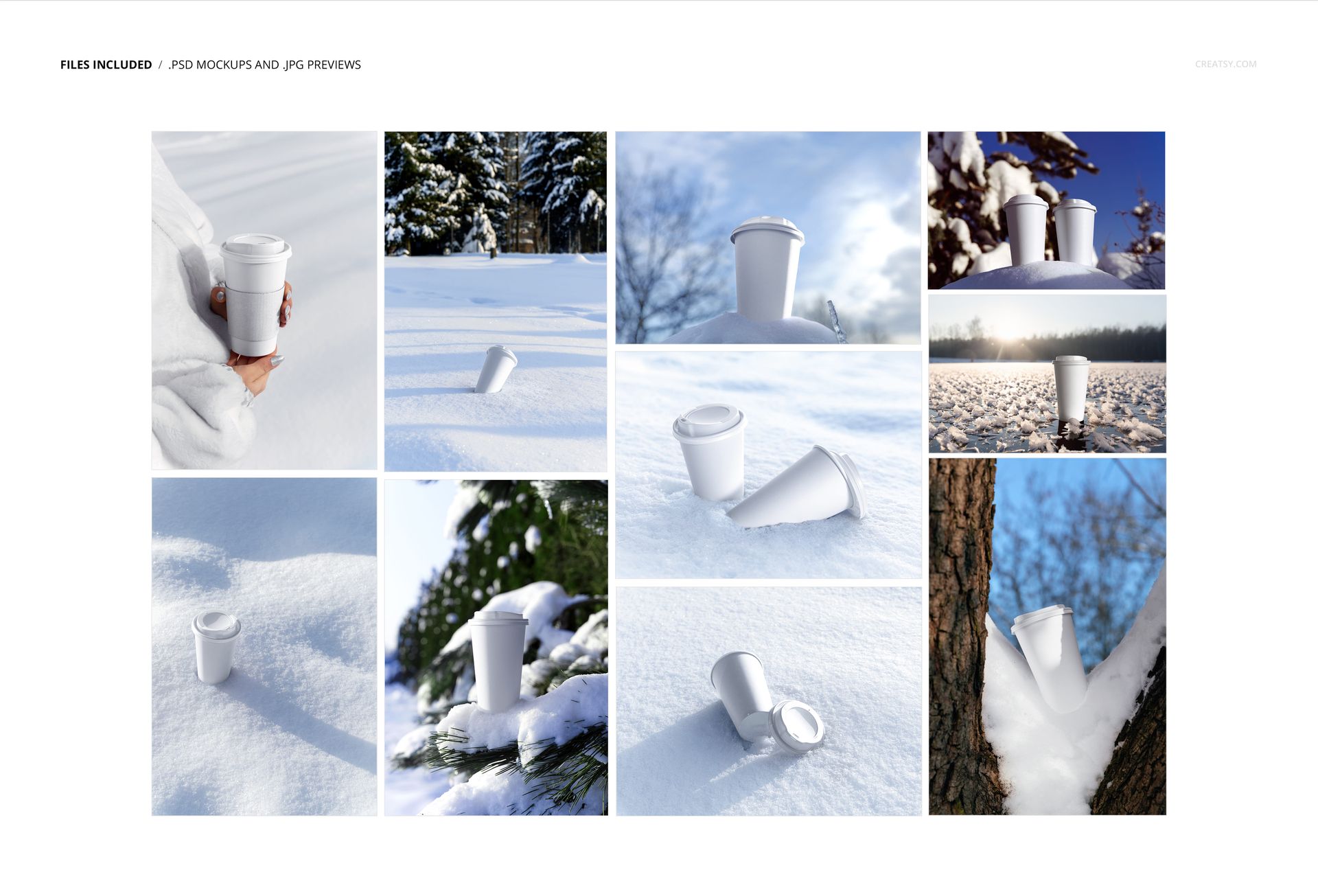 Winter-themed PSD mockup of paper cups with lids, placed on snow-covered ground and branches in bright natural light.