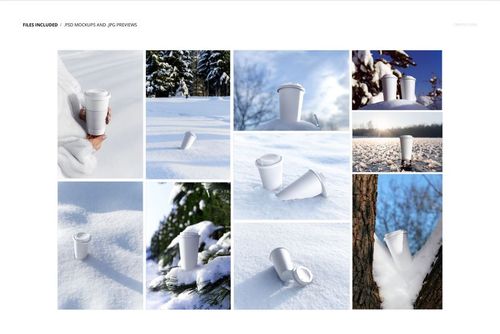 Winter-themed PSD mockup of paper cups with lids, placed on snow-covered ground and branches in bright natural light.