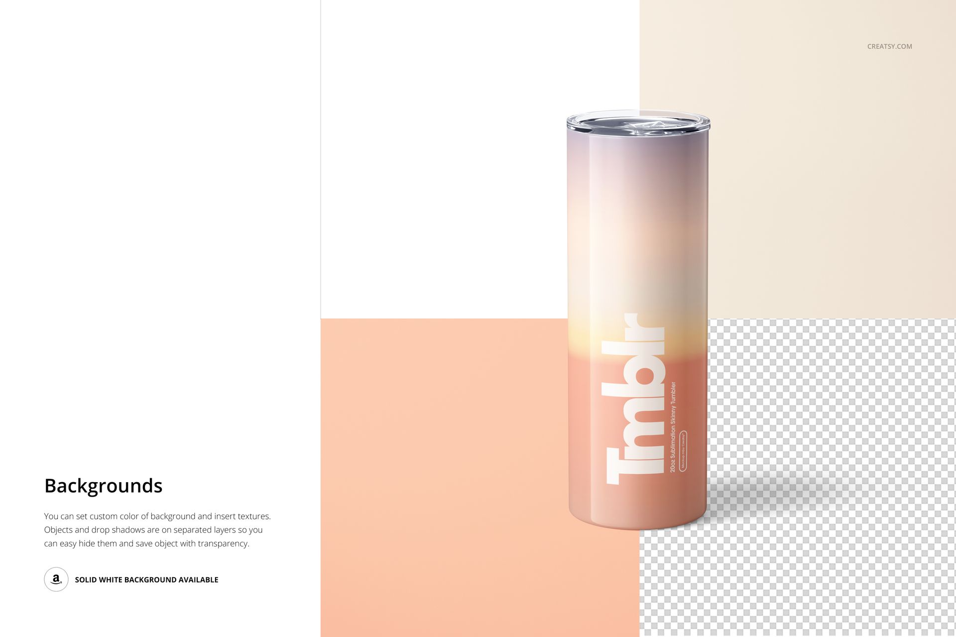 Front view of a 20oz skinny tumbler with a gradient pastel design, displayed on a split background with white and peach tones.