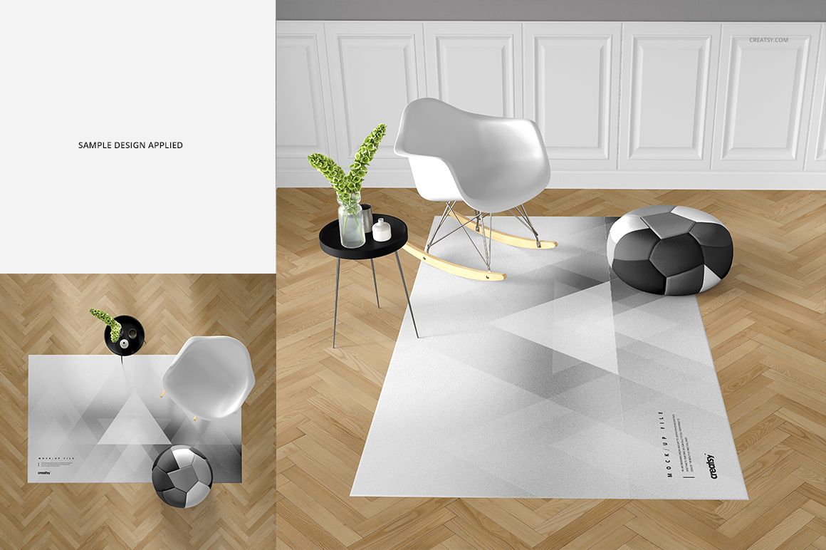 Rectangular carpet mockup with subtle triangle design, placed on wooden floor with chair, pouf, and plant decor.