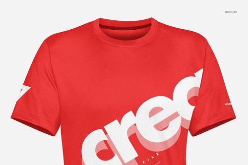 Red short-sleeve polyester T-shirt mockup featuring large white lettering across the front, shown on a neutral backdrop.