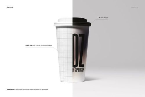 Front view of a paper cup mockup with a plastic lid, shown on a split white and gray background with grid overlay on one side.