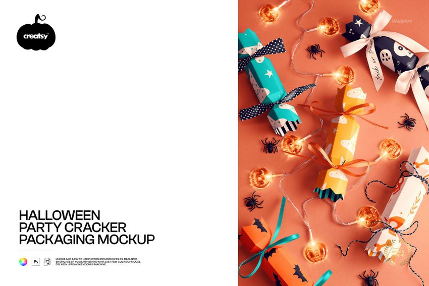 Halloween party cracker packaging mockup featuring colorful crackers and festive string lights on an orange surface.