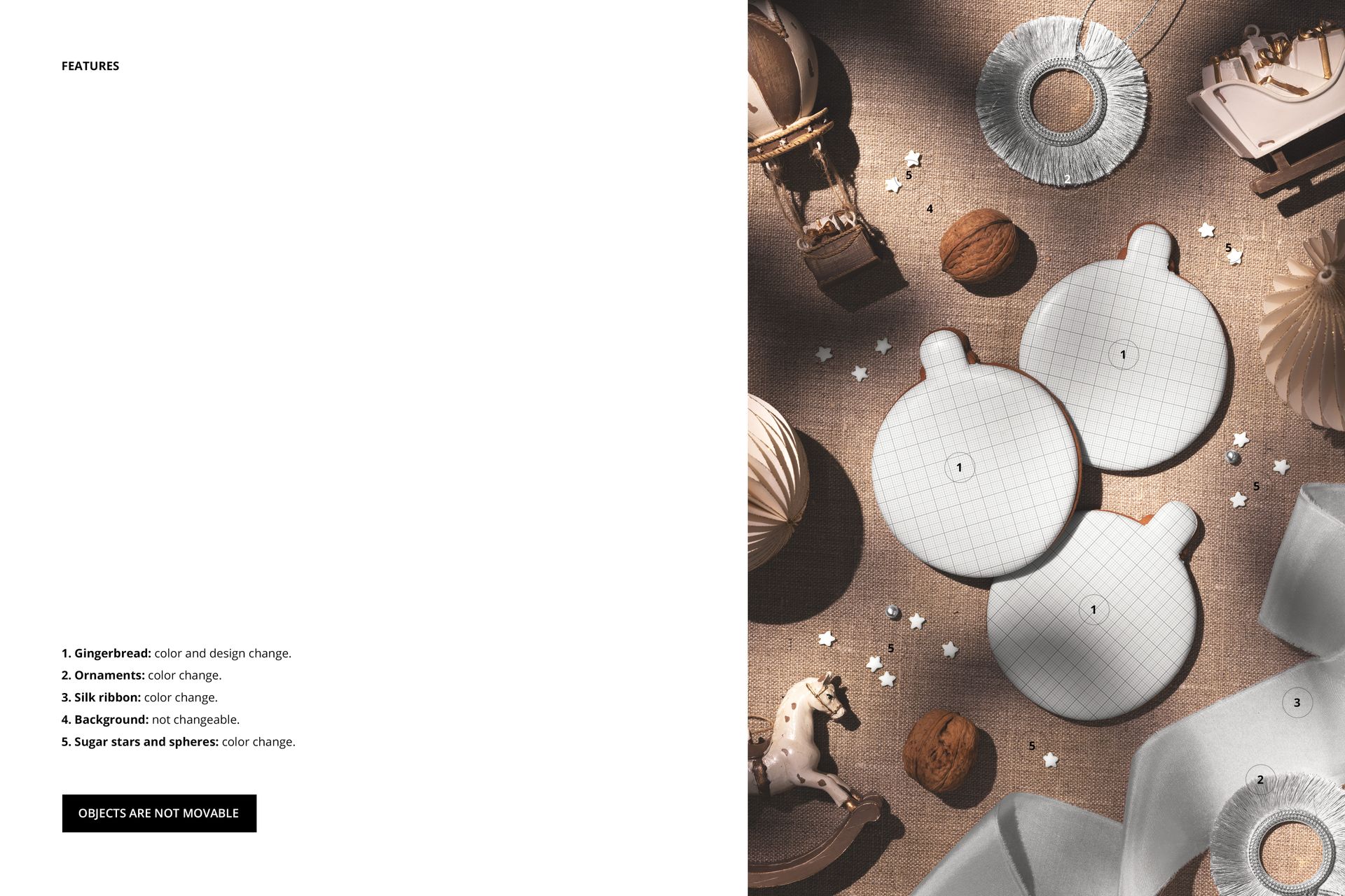 Top view of three round gingerbread cookie mockups with grid pattern, surrounded by Christmas ornaments and nuts.