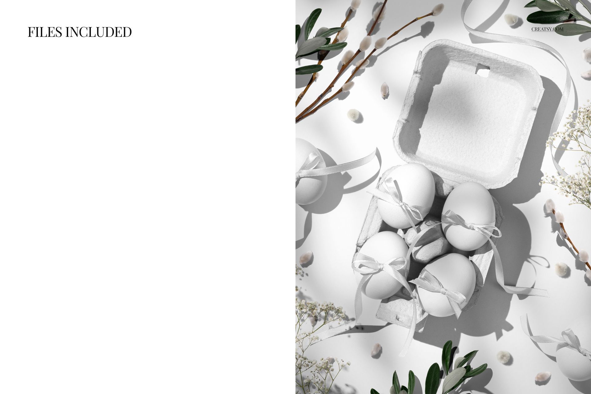 Front view of a box containing white Easter eggs with ribbons, surrounded by greenery and small flowers in a mockup scene.