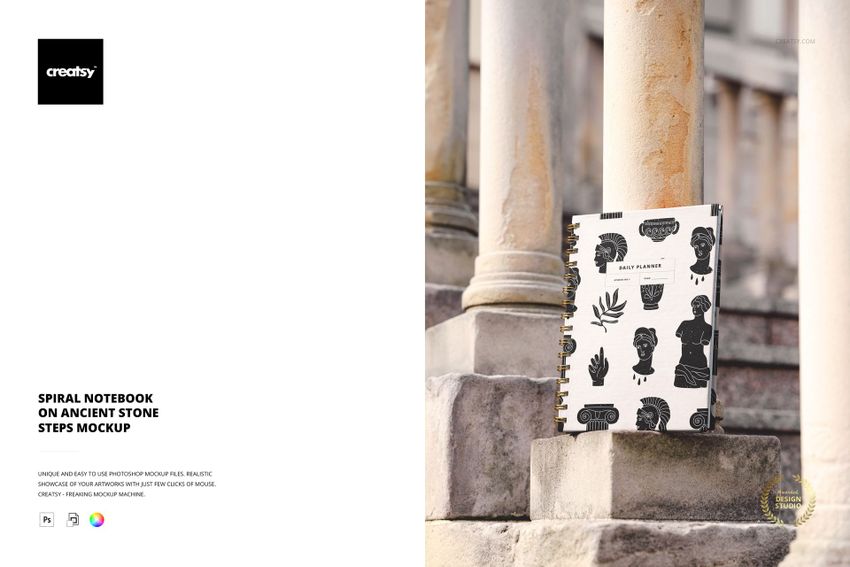 Spiral Notebook on Ancient Stone Steps Mockup - mockup screenshot 1