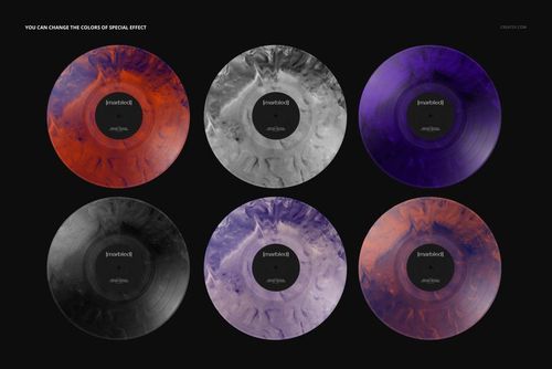 PSD mockup displaying six marbled effect vinyl records in different colors, viewed from above on a black surface.