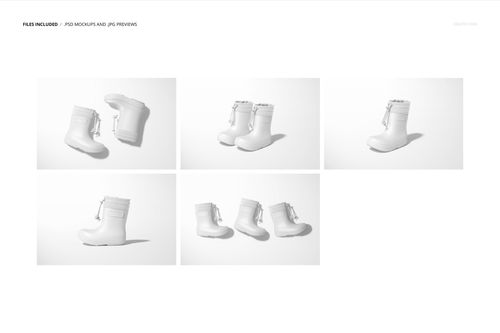 PSD mockup of white rain boots shown from different angles, with a clean backdrop and no added patterns or designs.