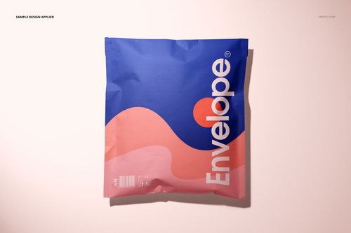 Square cloth lined envelope mockup featuring a blue top section and pink wavy design, shown from the front.