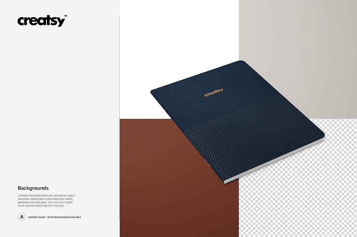 A5 notebook mockup featuring a dark blue cover with a small dotted design, displayed on a multi-color background.