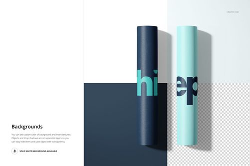 Rolled exercise mats mockup showing a navy and aqua mat with bold partial letters, on a white and blue surface.