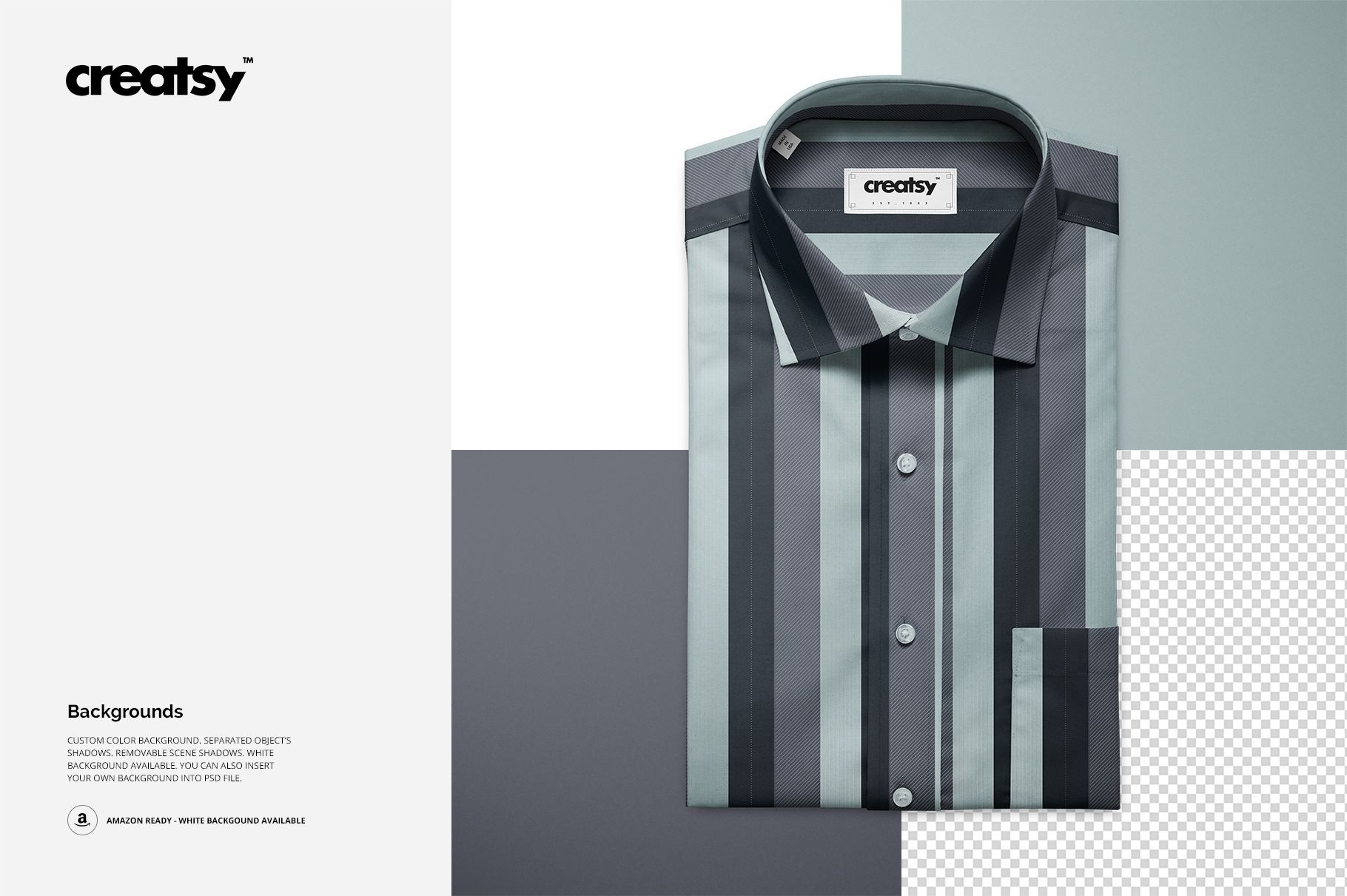 Mockup of a folded dress shirt with a striped pattern in gray and teal tones, shown from above on a multi-tone backdrop.