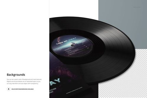 PSD mockup featuring a black vinyl record in a cover, displayed from a slanted perspective on a white background.