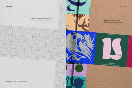 Front view of a mailing box mockup with colorful patterned paper tape, shown alongside a grayscale design layout.