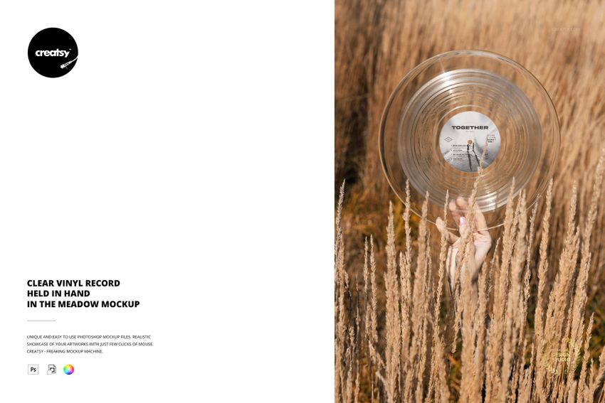 Clear vinyl record held upright by a hand among tall dry grass in a meadow, shown in a realistic PSD mockup scene.