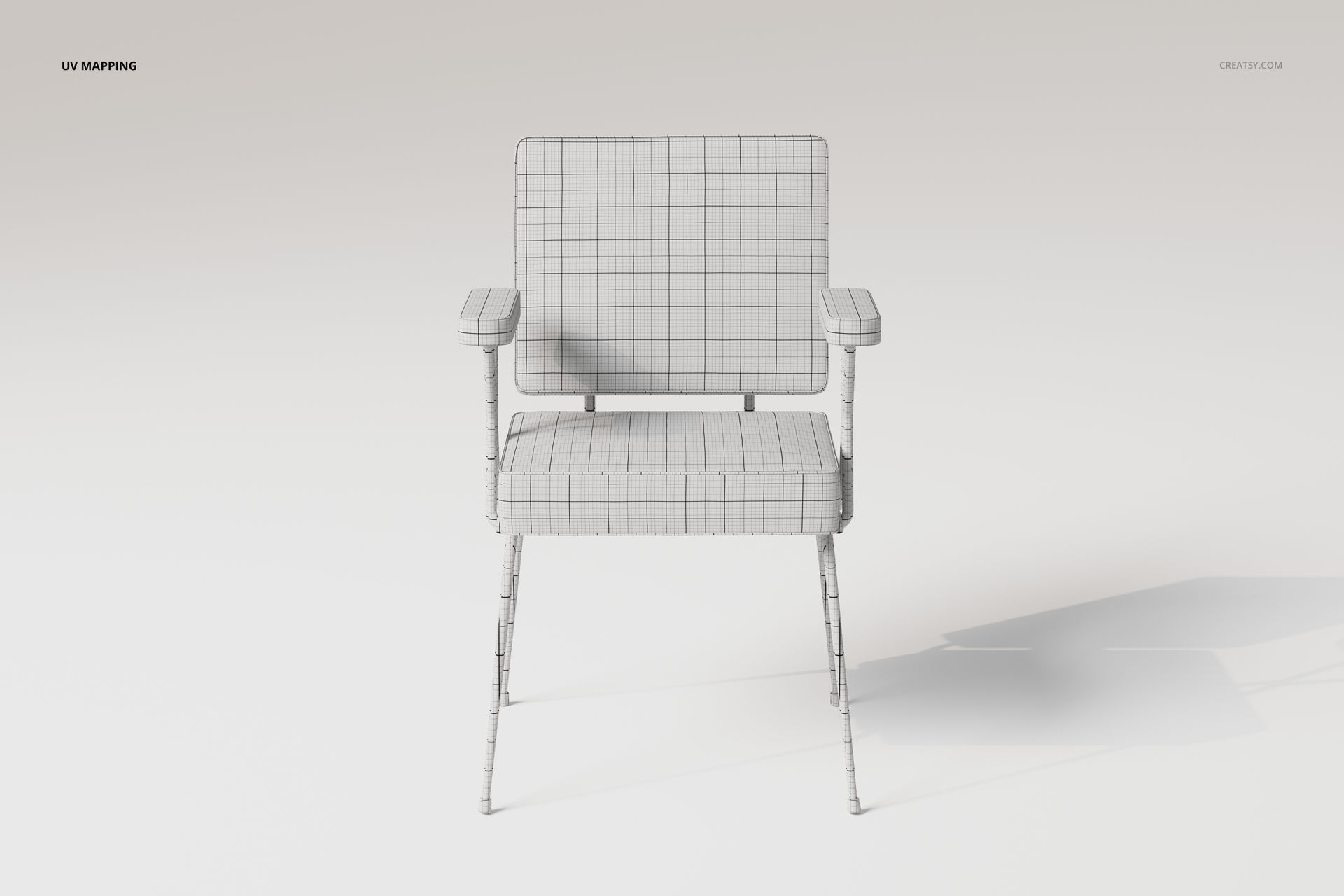 Front view of a modern office chair 3D model with a wireframe grid pattern, shown against a light background.
