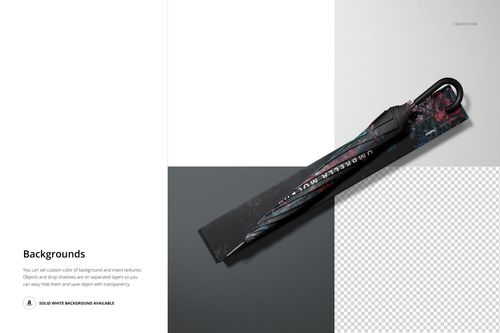 Umbrella and rectangular packaging mockup displayed on a flat surface with gray and transparent sections, seen from above.