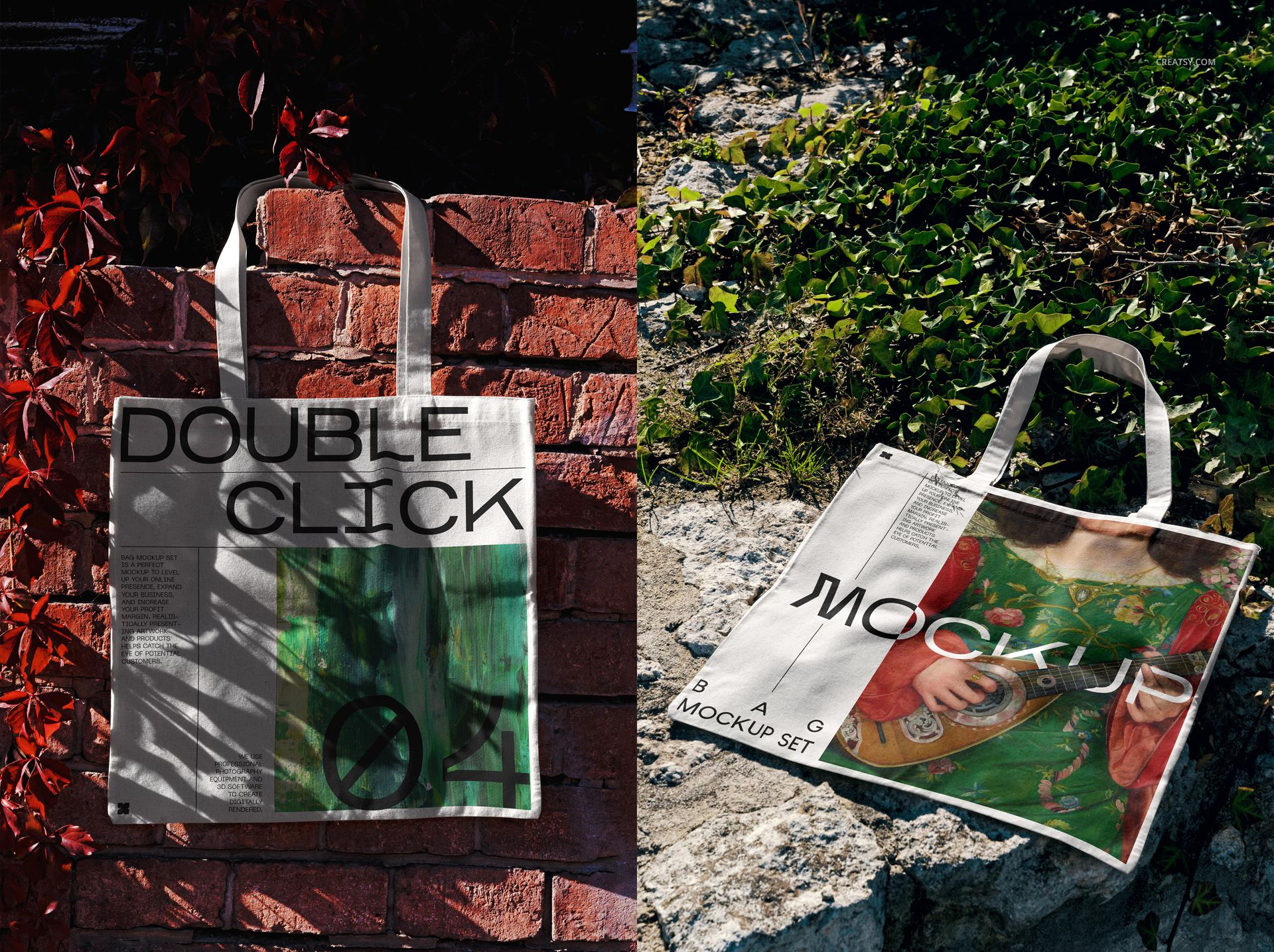 Outdoor tote bag mockup set featuring one bag on a brick wall with red leaves and another on rocks among green plants.