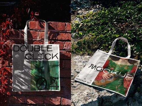 Outdoor tote bag mockup set featuring one bag on a brick wall with red leaves and another on rocks among green plants.