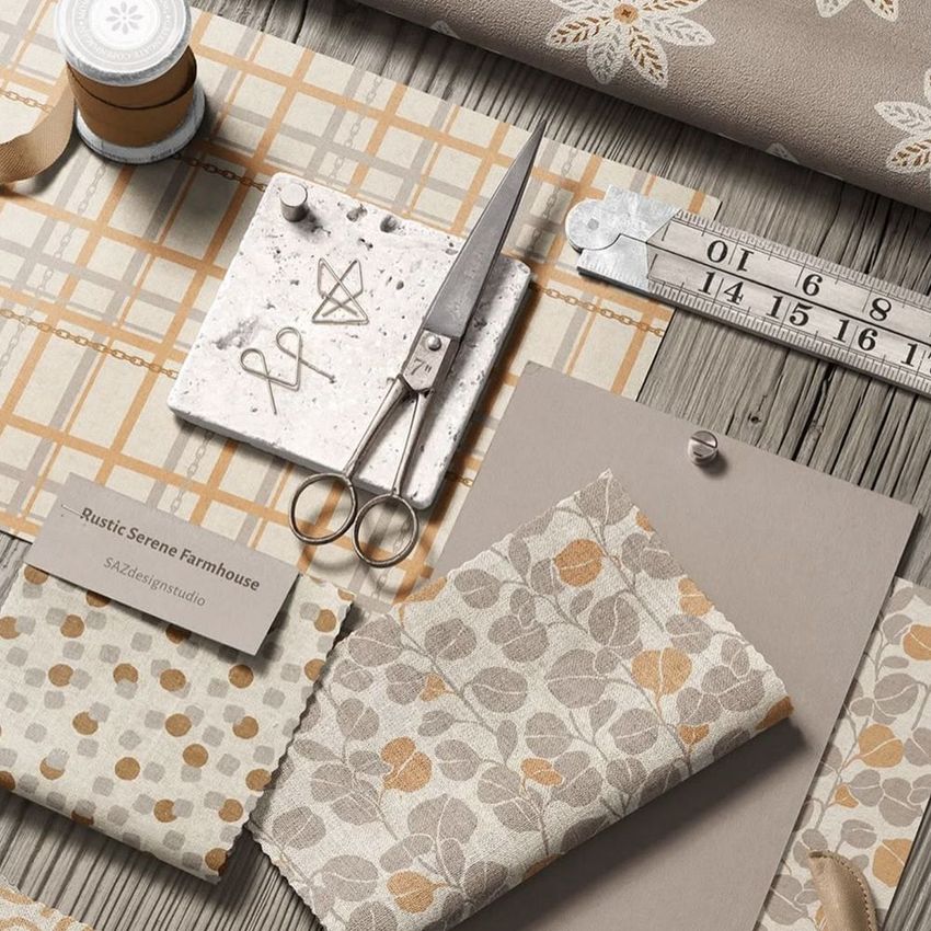 Rustic flat lay material board moodboard mockup featuring patterned fabric swatches, scissors, tape measure, and neutral tones.