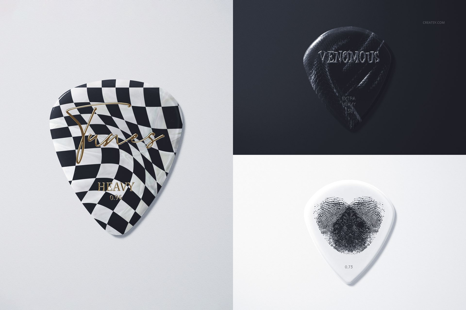 Guitar pick PSD mockup set showing various pick shapes and surface designs, arranged on a plain light and dark backdrop.