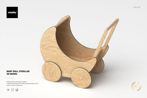 Wooden baby doll stroller 3D model with curved sides and four wheels, shown in a front angled view on a light background.