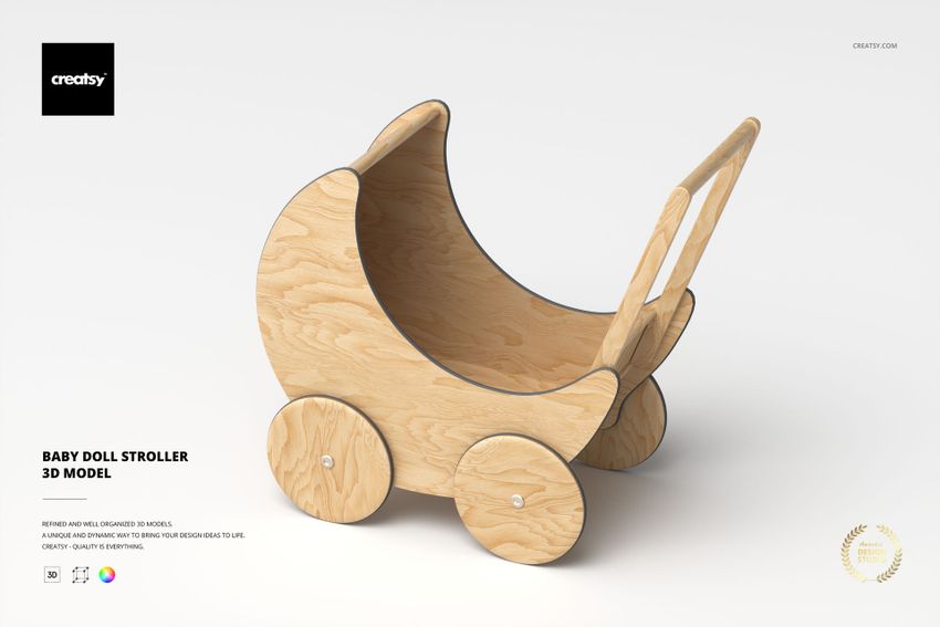 Wooden baby doll stroller 3D model with curved sides and four wheels, shown in a front angled view on a light background.