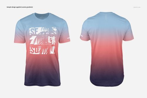 Men's T-shirt mockup featuring a front and back view, with a blue to pink gradient and white graphic design on the chest.