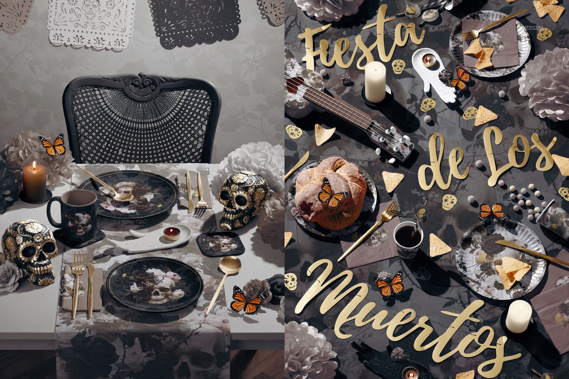 PSD mockup featuring a festive Halloween dining scene with skulls, candles, pastries, and decorative butterflies.