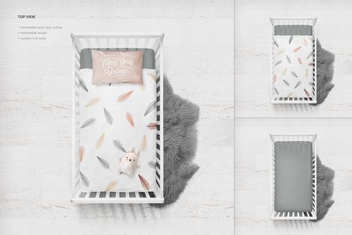 Crib bedding PSD mockup showing a white crib, feather-patterned quilt, pillow, plush toy, and textured carpet.