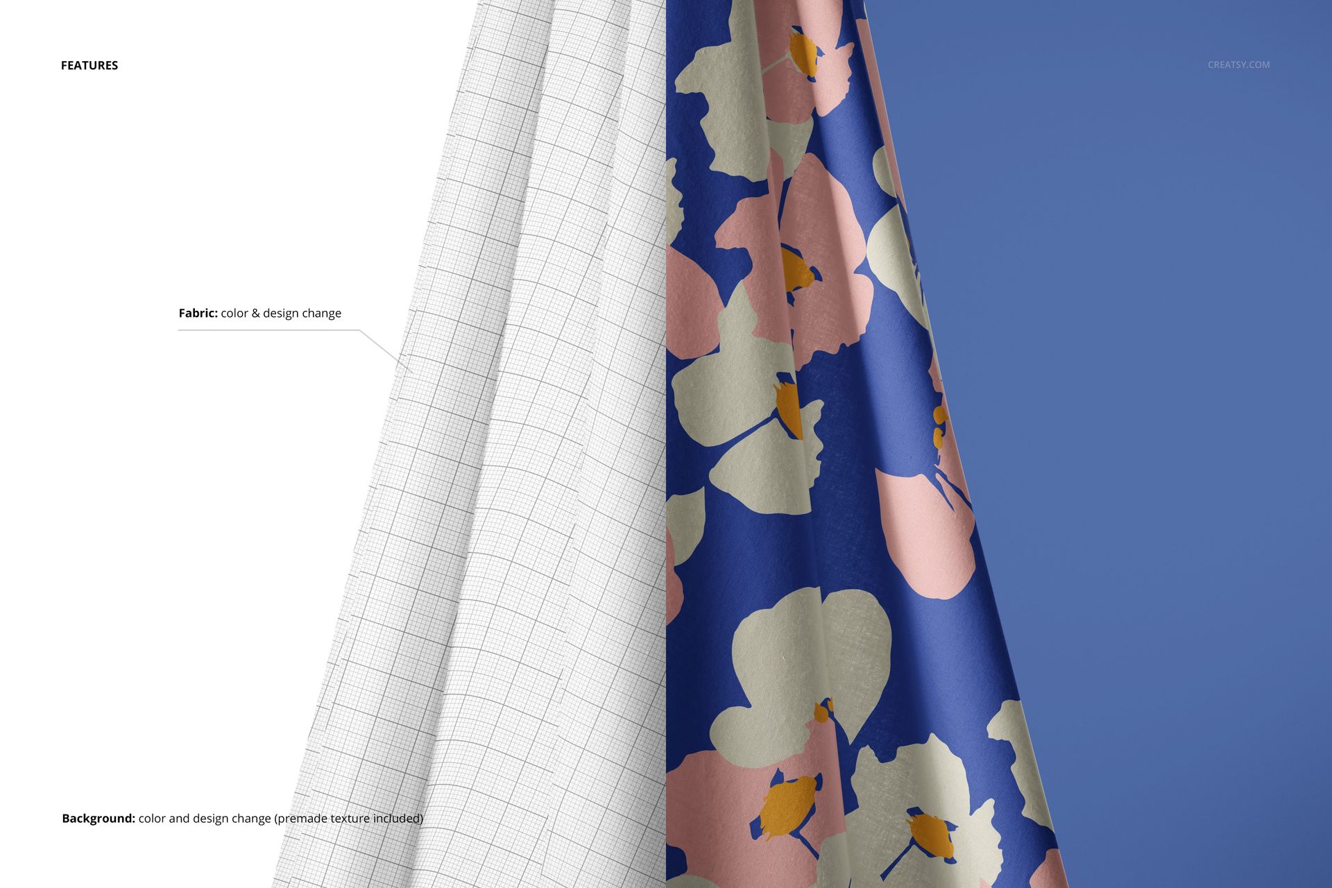 Close-up view of hanging cotton fabric with a floral pattern on blue, shown alongside a grid texture mockup.